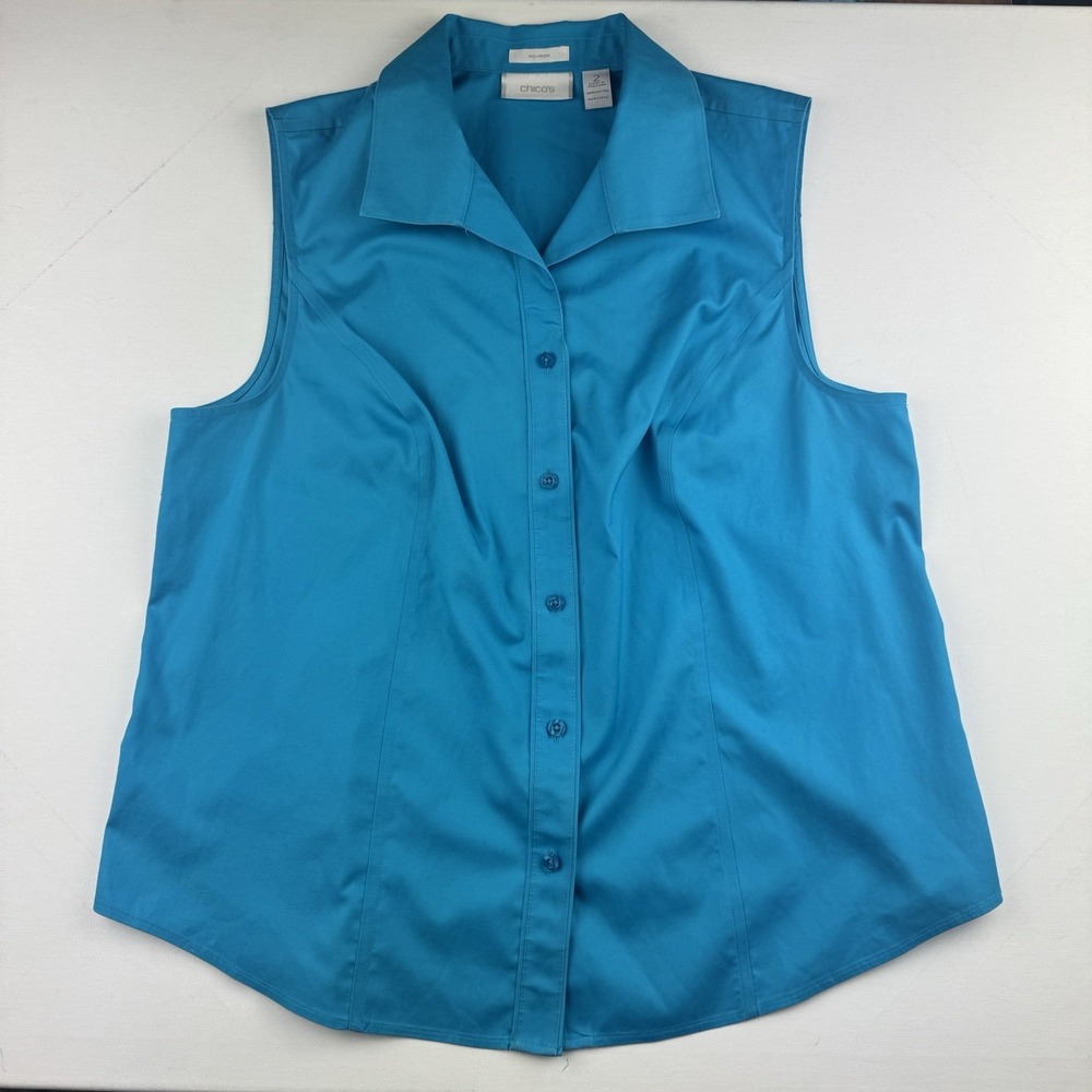 Chico's No Iron Shirt Size 2 Turquoise Blue Cotton Sleeveless Button Front